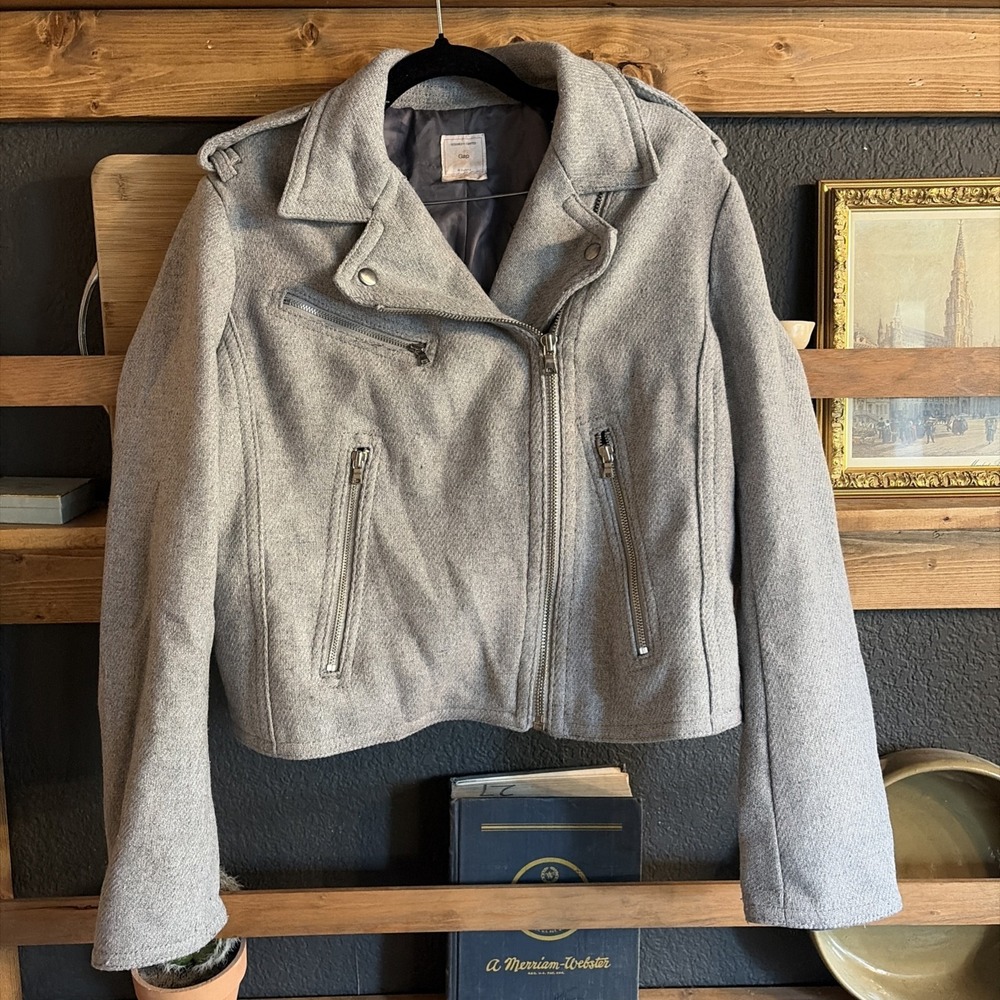 GAP Wool Blend Retro Boho Gray Motorcycle Jacket Winter Hipster Size L